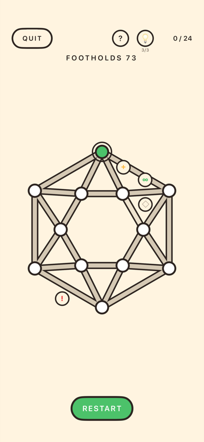 FOOTHOLDS 73, a dense 24-line lattice with symbols on four of its lines