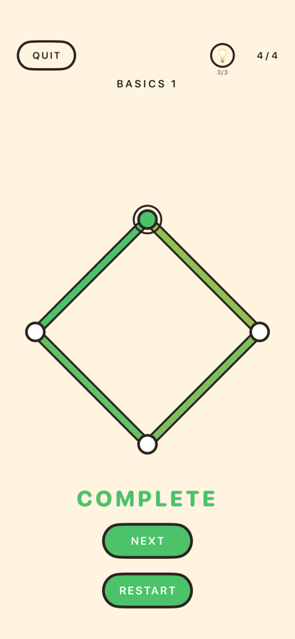 BASICS 1 complete, showing 4 / 4 and the COMPLETE banner